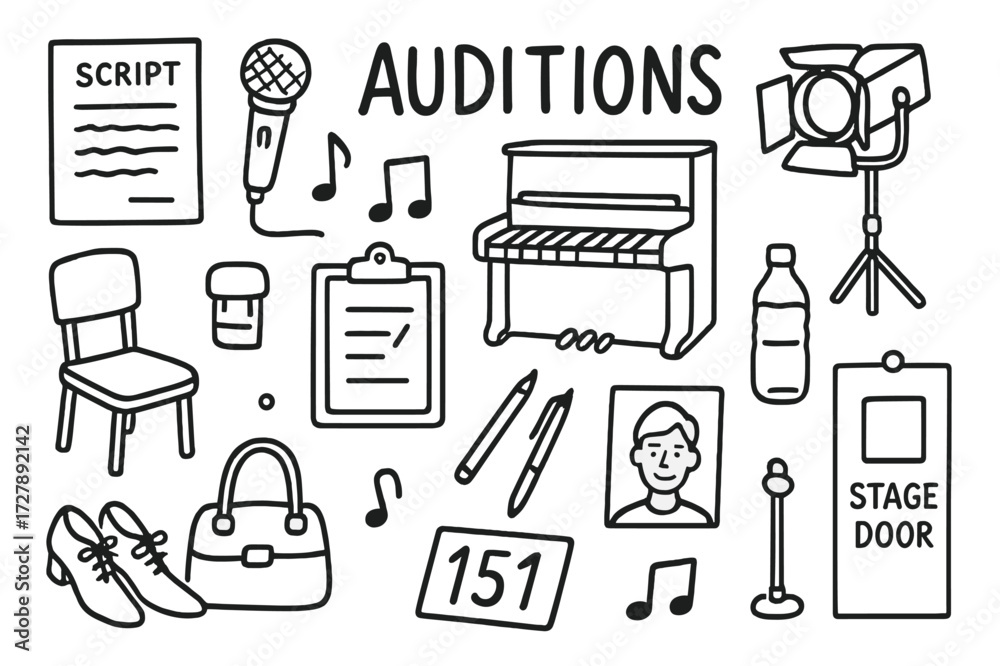 Fototapeta premium Musical Audition Icons. Hand-drawn doodle illustration Auditions for a musical theater production [script, microphone, piano, chair, water bottle, spotlight,