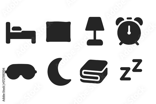 Sleep Icons Grid. Solid, filled icon set of rejuvenation sleep and rest: bed, pillow, nightstand lamp, alarm clock, sleep mask, moon, blanket, Zzz symbol. Line