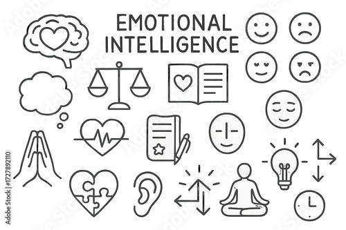 Emotional Intelligence Icons. Hand-drawn doodle illustration Emotional intelligence [brain with heart, balanced scale, facial expression set, thought bubble,