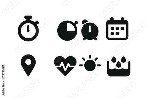 Watch Features Icons. Solid, filled icon set of watch features: stopwatch, timer, alarm, calendar, GPS, heart rate monitor, backlight, water resistance.