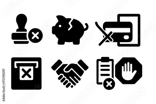 Denied Credit Icons. Solid, filled icon set of denied credit: no approval stamp, broken piggy bank, crossed bank card, failed application, blocked ATM, denied