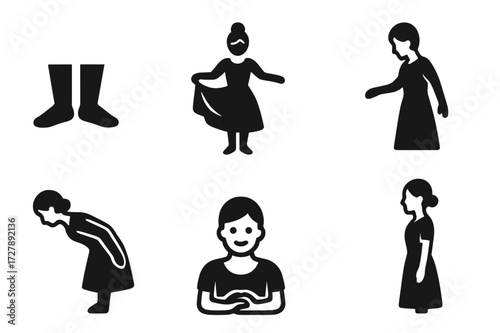 Curtsy Icon Set. Solid, filled icon set of curtsy body parts focus: feet placement, skirt lifting, arm movement, head bow, back straightening, hand position,
