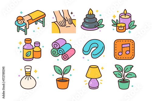 Spa Wellness Icons. Spa relaxation. Colorful isometric vector icons set of Spa relaxation: massage table, client lying down, therapist hands, hot stones,