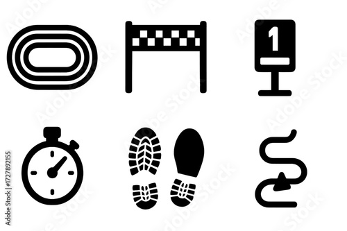 Running Icon Set. Solid, filled icon set of running route elements: running track, finish line, starting block, mile marker, water station, stopwatch, sneakers