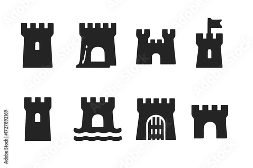 Feudal Castle Icon Set. Solid, filled icon set of feudal castles: stone tower, drawbridge, battlements, moat, keep, flag, archer window, gatehouse. Solid,