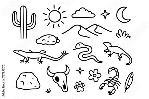 Desert Wilderness Doodles. Hand-drawn doodle illustration Desert wilderness cactus, sun, sand dune, snake, lizard, scorpion, rock, bush, skull, cloud, star,