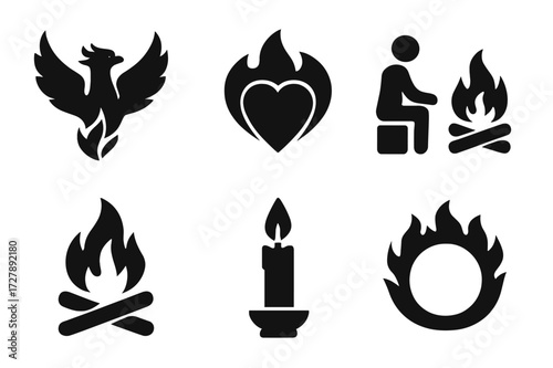 Fire Symbol Icon Set. Solid, filled icon set of fire symbols and metaphors: phoenix, flame heart, torch of liberty, campfire storytelling, bonfire night,