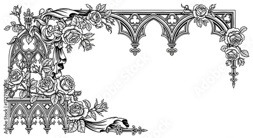 Elegant vintage gothic archway adorned with blooming roses and flowing ribbons, perfect for invitations.