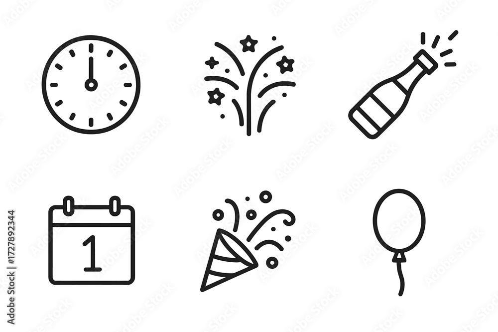 Fototapeta premium New Year Icon Set. Outline icon set of New Year celebration: clock striking midnight, fireworks, champagne bottle, party horn, calendar, confetti, balloon,