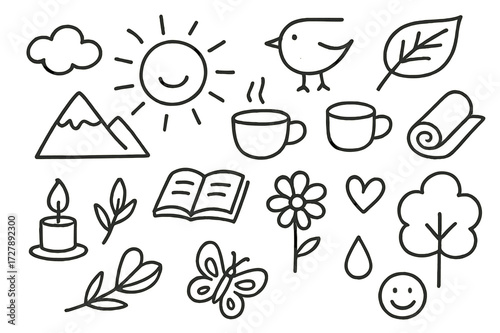 Peaceful Morning Doodle. Hand-drawn doodle illustration peaceful day sunrise, mountain, bird, cloud, leaf, book, tea cup, yoga mat, candle, flower, heart,