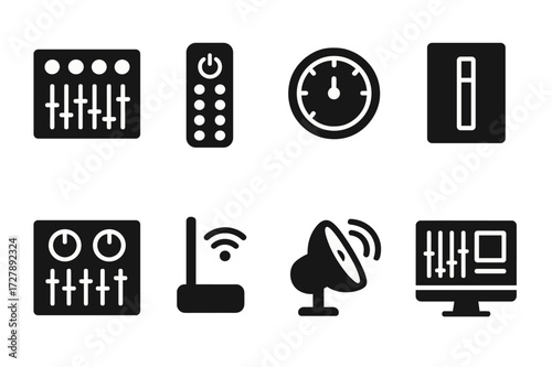 Spotlight Control Icons. Solid, filled icon set of spotlight control devices: lighting console, remote control, timer, dimmer switch, control panel, wireless