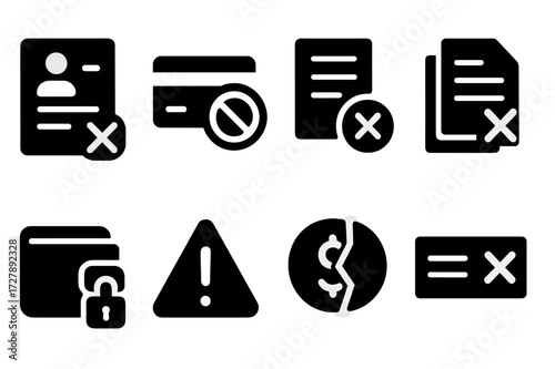 Rejected Loan Icon Set. Solid, filled icon set of rejected loan process: failed application, blocked credit card, denied contract, crossed papers, locked
