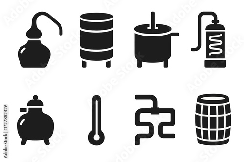 Rum Distillation Icons. Solid, filled icon set of rum distillation equipment: copper still, fermenter, mash tun, condenser, boiler, thermometer, pipework,