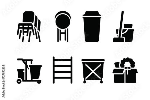 Banquet Cleanup Icons. Solid, filled icon set of banquet clean-up and storage: stacked chairs, folded tables, trash bin, mop bucket, cleaning cart, storage