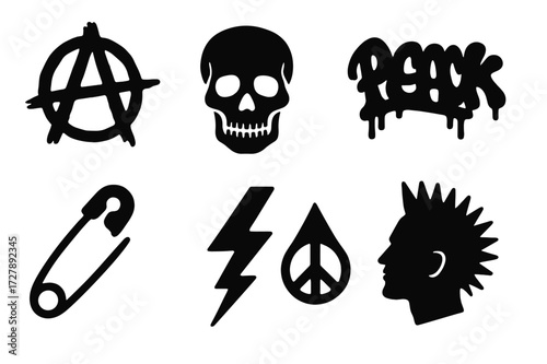 Punk Icon Set. Solid, filled icon set of punk symbols and logos: anarchy symbol, skull, safety pin, graffiti tag, peace sign, lightning bolt, mohawk