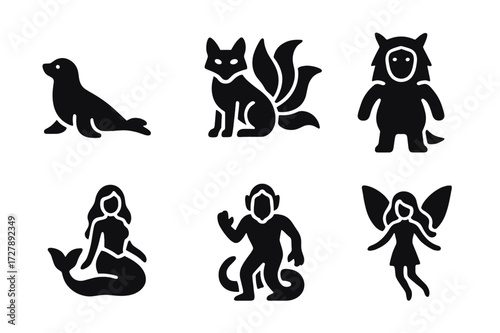 Mythical Shapeshifter Icons. Solid, filled icon set of mythical shapeshifters: selkie, kitsune, tanuki, skinwalker, mermaid, naga, rakshasa, fae spirit. Solid,