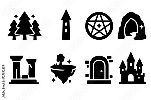 Magical Locations Icons. Solid, filled icon set of magical locations: enchanted forest, wizard tower, magic circle on ground, mystical cave, ancient ruins,