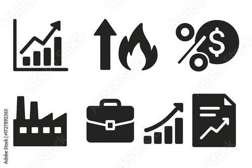 Economic Forecast Icons. Solid, filled icon set of economic forecast: GDP graph, inflation, interest rate, currency, factory, briefcase, graph, report. [Solid,