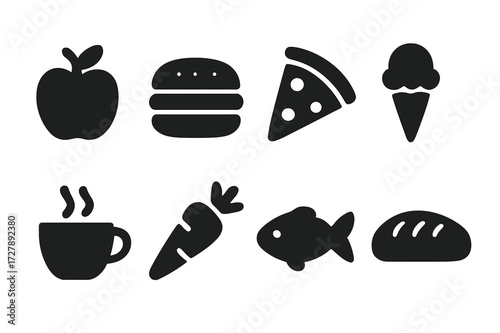 Black Food Icons. Solid, filled icon set of food items: apple, burger, pizza slice, ice cream cone, coffee cup, carrot, fish, bread loaf. Solid, filled icons