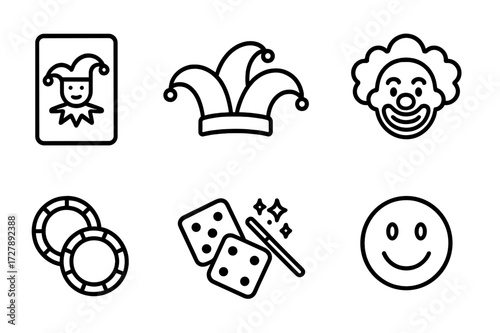 Joker Symbols Icon Set. Outline icon set of joker symbols: joker card, jester hat, playing cards, clown face, poker chips, dice, magic wand, smiley face. Line