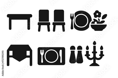Feast Icon Set. Solid, filled icon set of feast tablesetting: dining table, chairs, tableware, centerpiece, table runner, placemat, salt and pepper shakers,