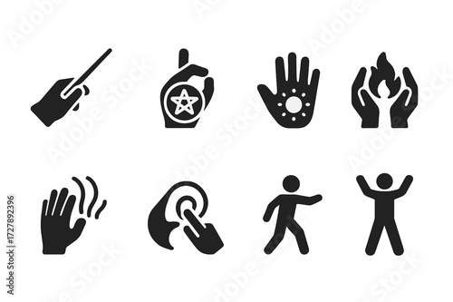 Spellcasting Icon Set. Solid, filled icon set of spellcasting gestures: hand with wand, fingers forming sigil, palm glow, hands over flame, energy flow, symbol
