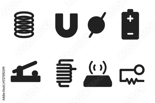 Magnet Component Icons. Solid, filled icon set of magnet components: coil winding, iron core, magnetic wire, battery, switch, solenoid, magnetic plate,