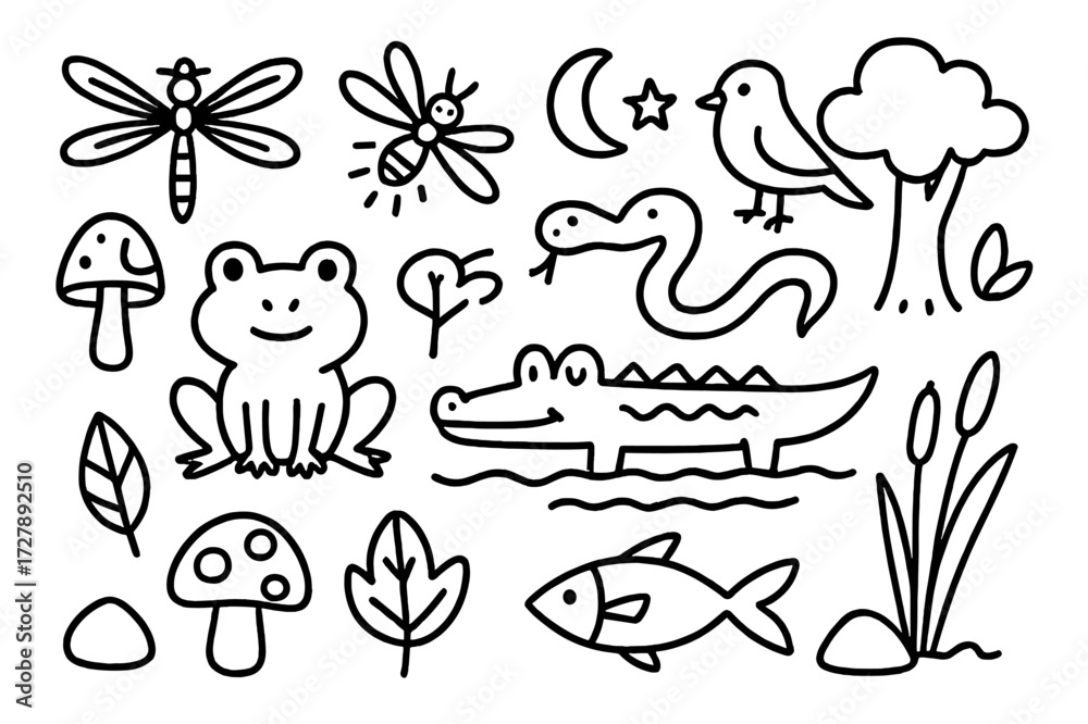 Naklejka premium Neon Swamp Creatures. Hand-drawn doodle illustration neon lights in swamp frog, crocodile, snake, dragonfly, firefly, mushroom, leaf, tree, bird, crescent