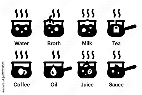 Boiling Liquids Icons. Solid, filled icon set of boiling liquids: water, broth, milk, tea, coffee, oil, juice, sauce. [Line icons in only black color. All