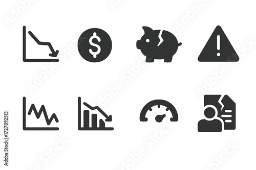 Financial Risk Icons. Solid, filled icon set of financial risk: falling graph, dollar with crack, broken piggy bank, debt warning, stock volatility, market