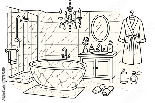 Luxurious Bathroom Doodle. Hand-drawn doodle illustration Luxury bathroom with marble decor bathtub, shower, sink, mirror, towel rack, chandelier, soap