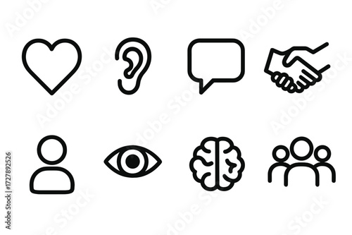Empathy Icon Set. Outline icon set of empathy and understanding: heart, ear, speech bubble, handshake, person silhouette, eye, brain, group of people. Line