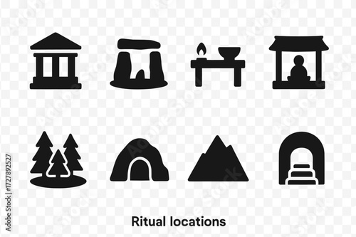 Ritual Icons Set. Solid, filled icon set of ritual locations: temple, sacred circle, altar table, shrine, forest glade, cave, mountain top, underground