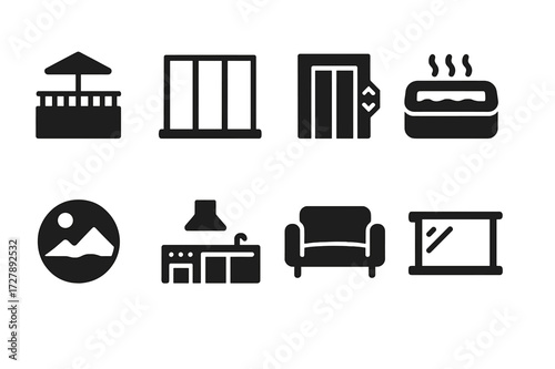 Penthouse Feature Icons. Solid, filled icon set of penthouse features: rooftop terrace, floor-to-ceiling windows, private elevator, jacuzzi, panoramic view,