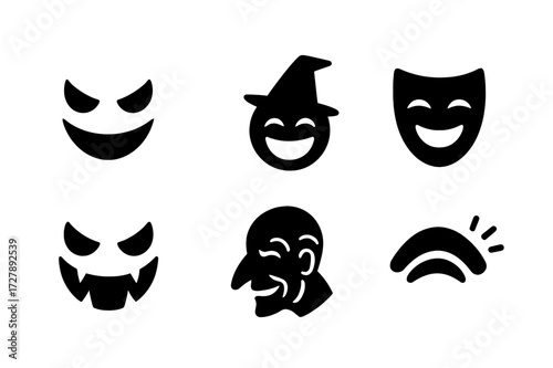 Cackling Faces Icons. Solid, filled icon set of cackling faces: wicked grin, open mouth laugh, tilted witch hat face, shadowed laughing mask, jagged teeth