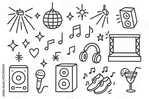 Club Night Doodles. Hand-drawn doodle illustration Colorful club light effects [laser beam, disco ball, spotlight, strobe light, sparkle, star, heart, music