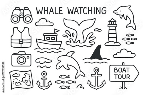 Whale Watching Doodles. Hand-drawn doodle illustration [whale watching] [binoculars, whale tail, boat, splash, wave, life vest, camera, orca fin, lighthouse,