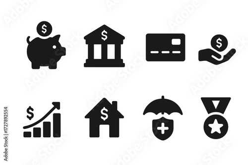Online Banking Icons. Solid, filled icon set of desk types: office desk, standing desk, computer desk, writing desk, corner desk, drafting desk, reception