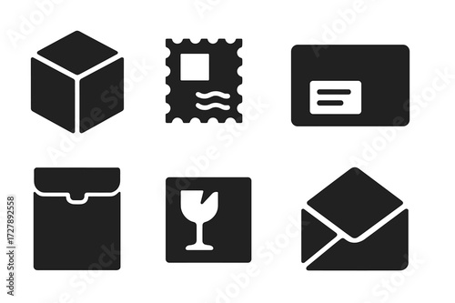 Mini Parcel Icons. Solid, filled icon set of mini parcel: small cardboard box, postage stamp, mailing label, sealed package, courier satchel, fragile sticker,