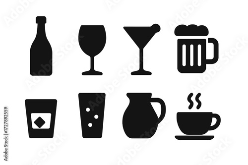 Banquet Drink Icons. Solid, filled icon set of banquet drinks: champagne bottle, wine glass, cocktail glass, beer mug, whiskey glass, juice glass, water