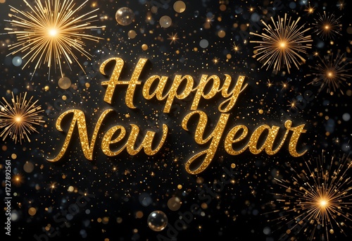 Golden Happy New Year Typography with Fireworks and Glitter, Elegant Festive Design with Sparkling New Year Greeting