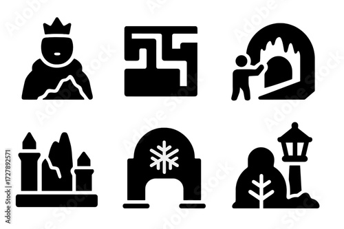 Ice Festival Icons. Solid, filled icon set of ice festival installations: giant sculpture, ice maze, interactive wall, frozen tunnel, sculpture garden, logo