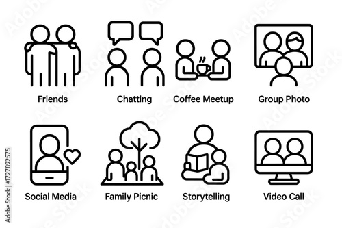 Cousin Social Icon Set. Outline icon set of cousin social life: friends, chatting, coffee meetup, group photo, social media, family picnic, storytelling, video