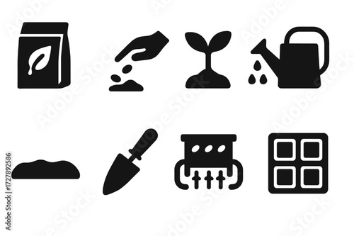 Seed Planting Icons. Solid, filled icon set of seed planting: seed packet, hand planting seeds, seedling sprout, watering can, soil bed, garden trowel, seed