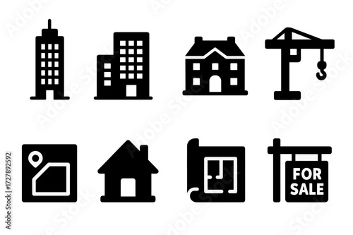 Real Estate Icons. Solid, filled icon set of tycoon real estate: skyscraper, office building, mansion, construction crane, land plot, house, blueprint, for