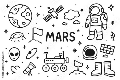 Mars Exploration Doodle. Hand-drawn doodle illustration Mars [Mars planet, crater, red rock, dust cloud, rover, satellite, astronaut, flag on Mars, helmet,