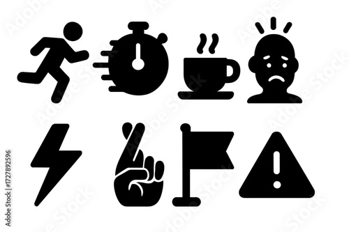 Last Minute Icons. Solid, filled icon set of last minute rush: running figure, stopwatch racing, coffee cup, stress icon, lightning bolt, crossed fingers,