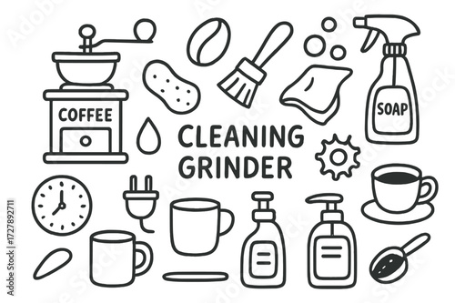 Coffee Grinder Cleaning Icons. Hand-drawn doodle illustration Coffee grinder cleaning grinder, coffee bean, brush, sponge, droplet, bubbles, cloth, gear, soap