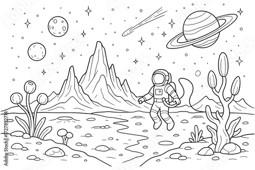 astronaut exploration coloring page ,walking in alien valley
