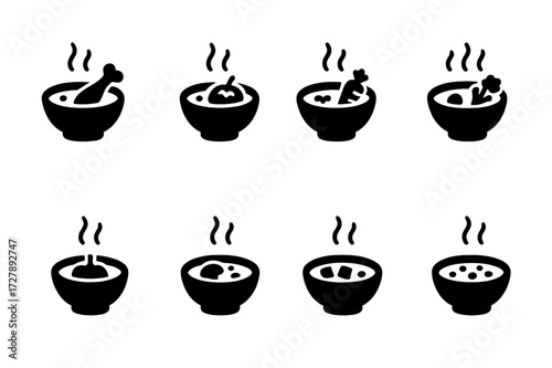 Soup Icons Grid. Solid, filled icon set of soup: chicken soup, tomato soup, mushroom soup, vegetable soup, pumpkin soup, seafood chowder, miso soup, lentil